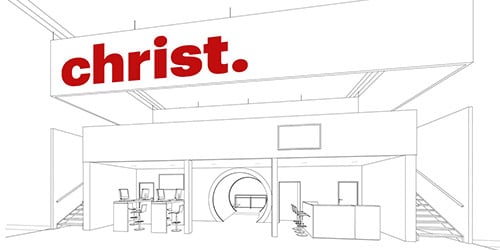 Bleistiftskizze eines offenen Büros mit Christ-Logistik-Logo